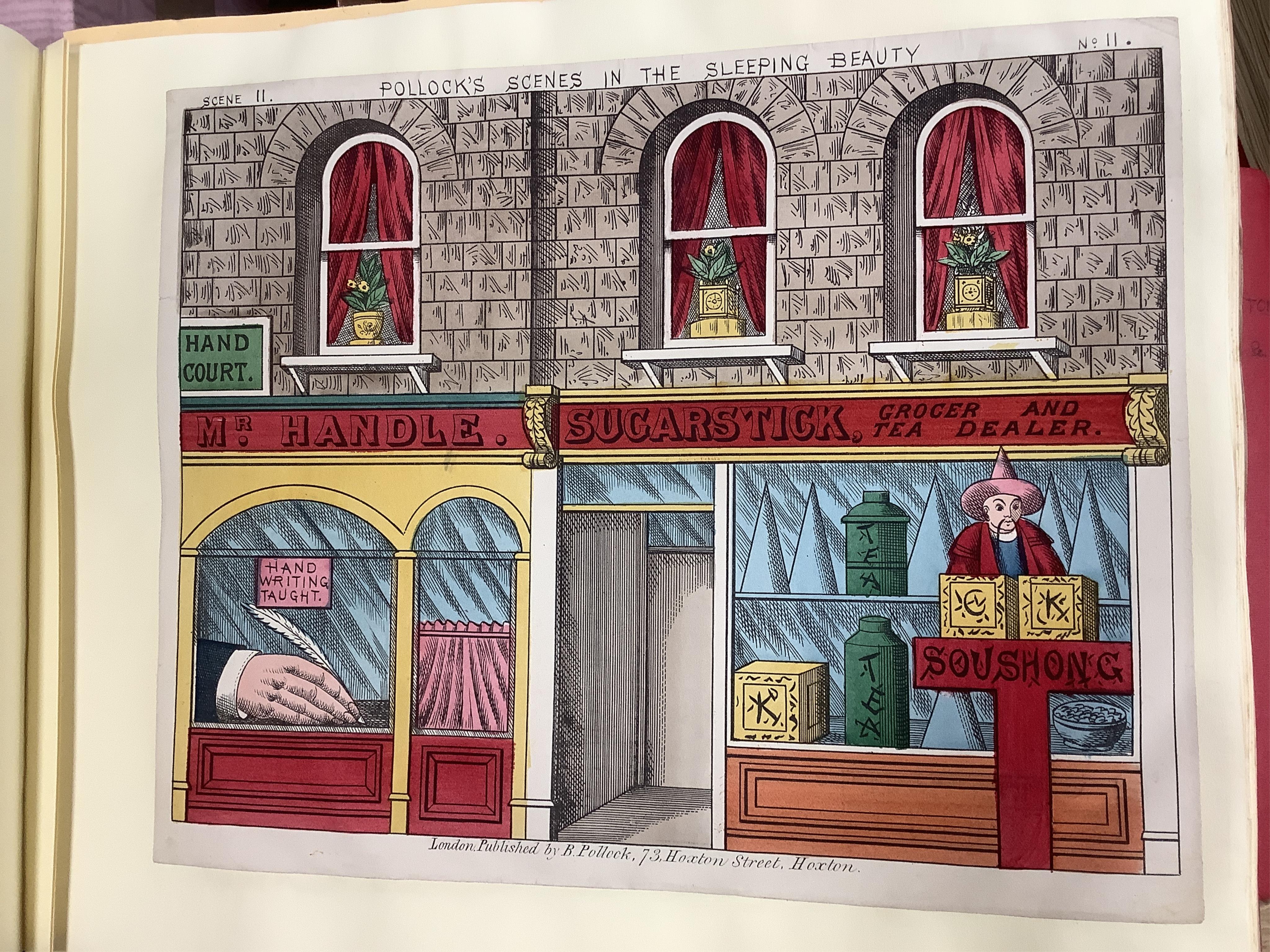 Juvenile Drama, an archive of Toy Theatre including Pollock, Green Edwards Bailey, Redington & Brett, Hodgson, Dyer Park, and others large scenes, back drops, scenery, portraits pasted into eight large albums